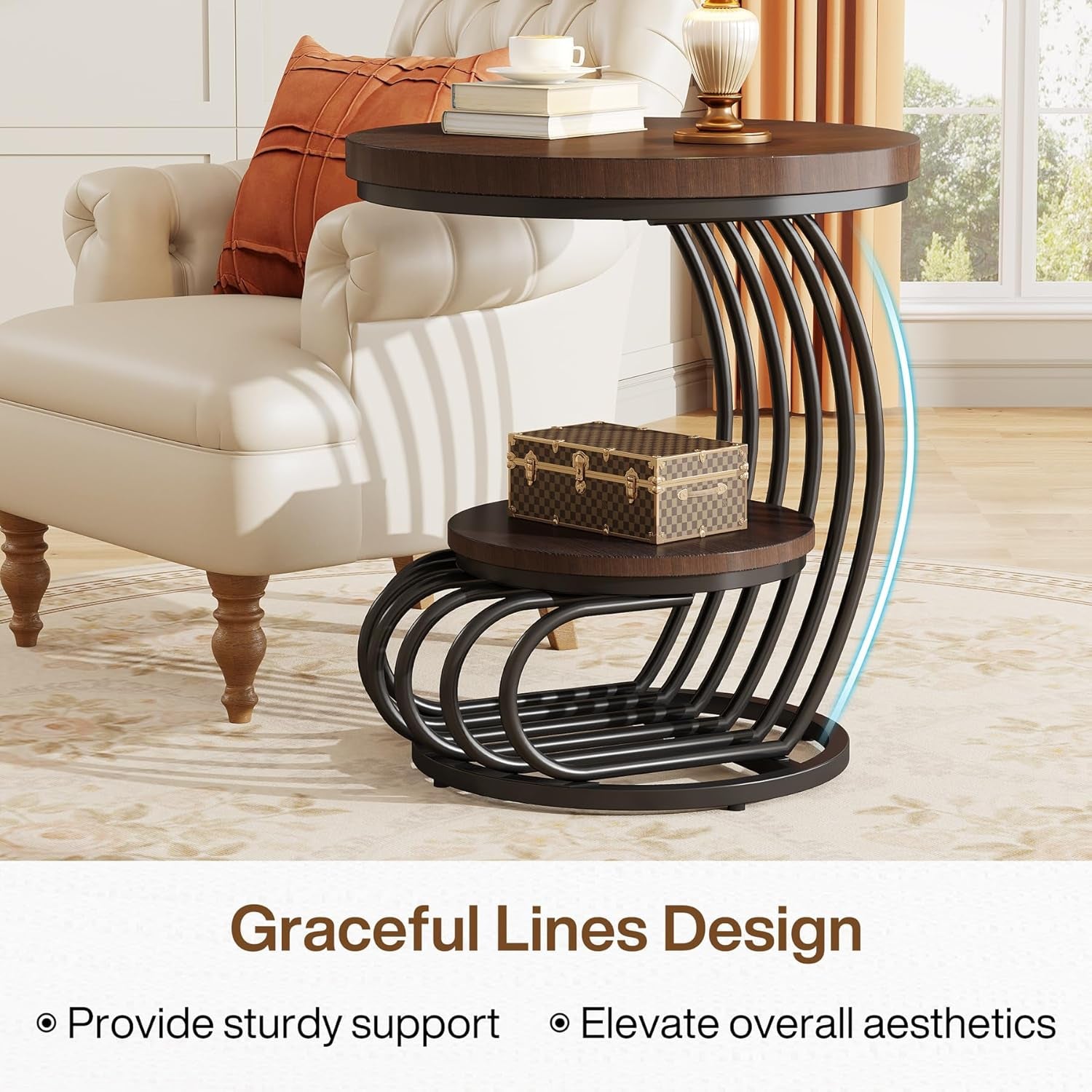 round End Side Table: Side Table with 2 Tiers Storage Shelves, Vintage End Table for Living Room, Small Bedside Table Accent Table with Arc-Shaped Frame, Rustic Brown