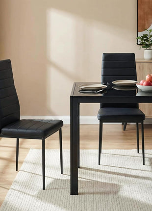 5-Piece Dining Table Set for Four with Tempered Glass Top and Upholstered PU Chairs, Space-Saving Metal Frame Design for Home and Kitchen in Black