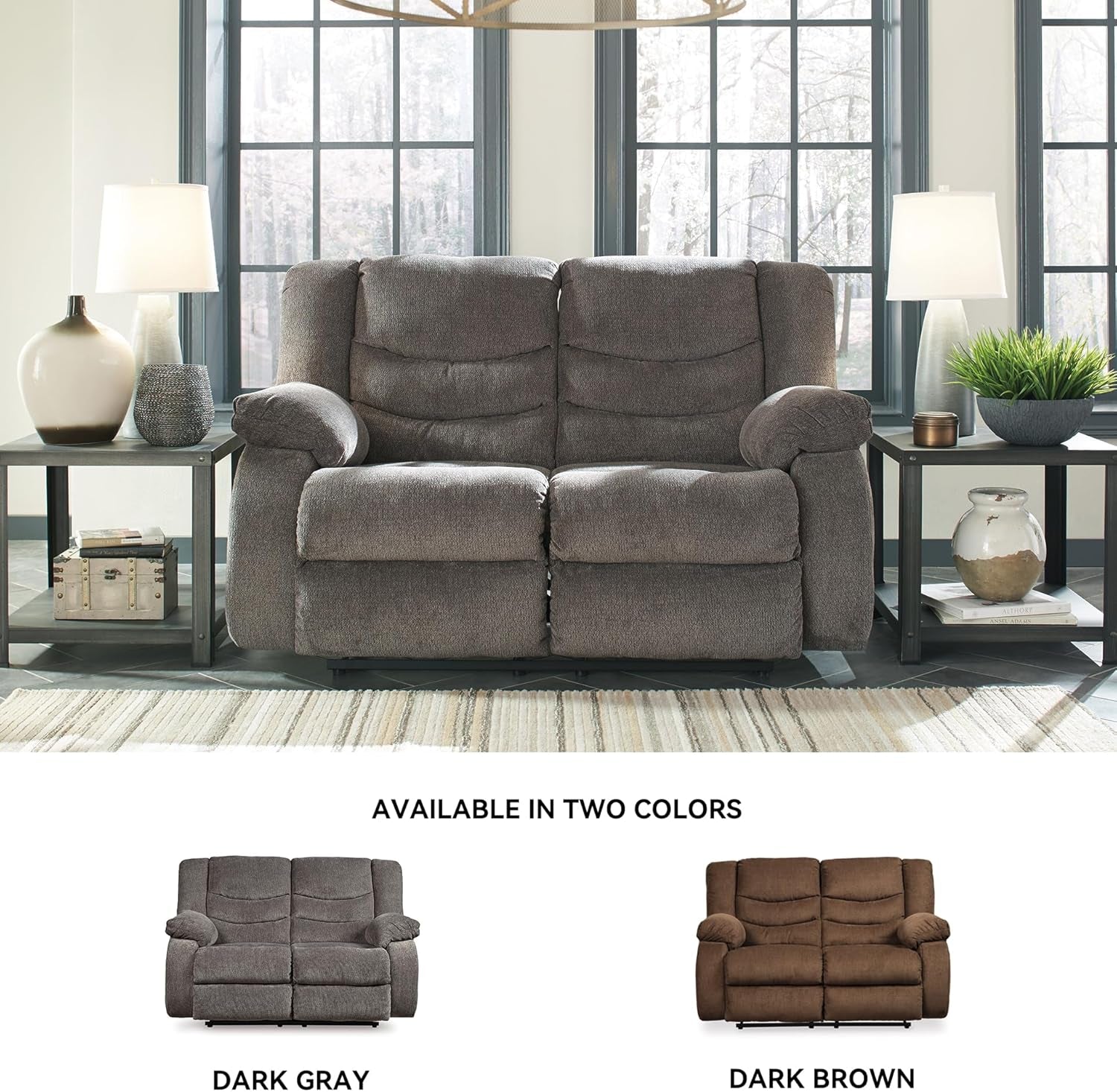 Tulen Reclining Loveseat, Dual-Sided Recliner, Pull Tab Reclining Motion, Fabric Upholstery, 63" W X 40" D X 40" H, Dark Gray