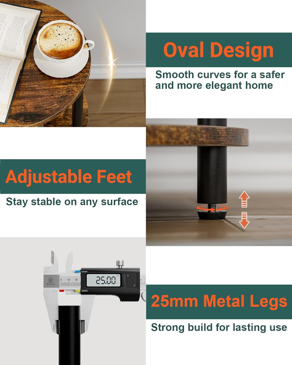 Small round Side Table - 3-Tier Oval Accent Table for Small Spaces, Rustic Wood and Metal Couch End Table, Nightstand for Bedroom or End Table Living Room, Easy to Assemble, Rustic Brown