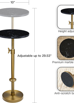 Adjustable-Height Modern Marble Accent Table - 10x10x22-30, Black Marble & Antique Brass, Round End Table with Pedestal Base for Compact Spaces, Vintage Metal Martini Cocktail Table