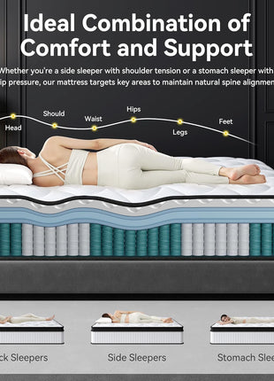 12-Inch Queen Mattress in a Box Featuring Memory Foam and Individual Pocket Springs for Superior Motion Isolation, Pressure Relief, Medium Firm Comfort, and Breathable Cooling Sleep Experience