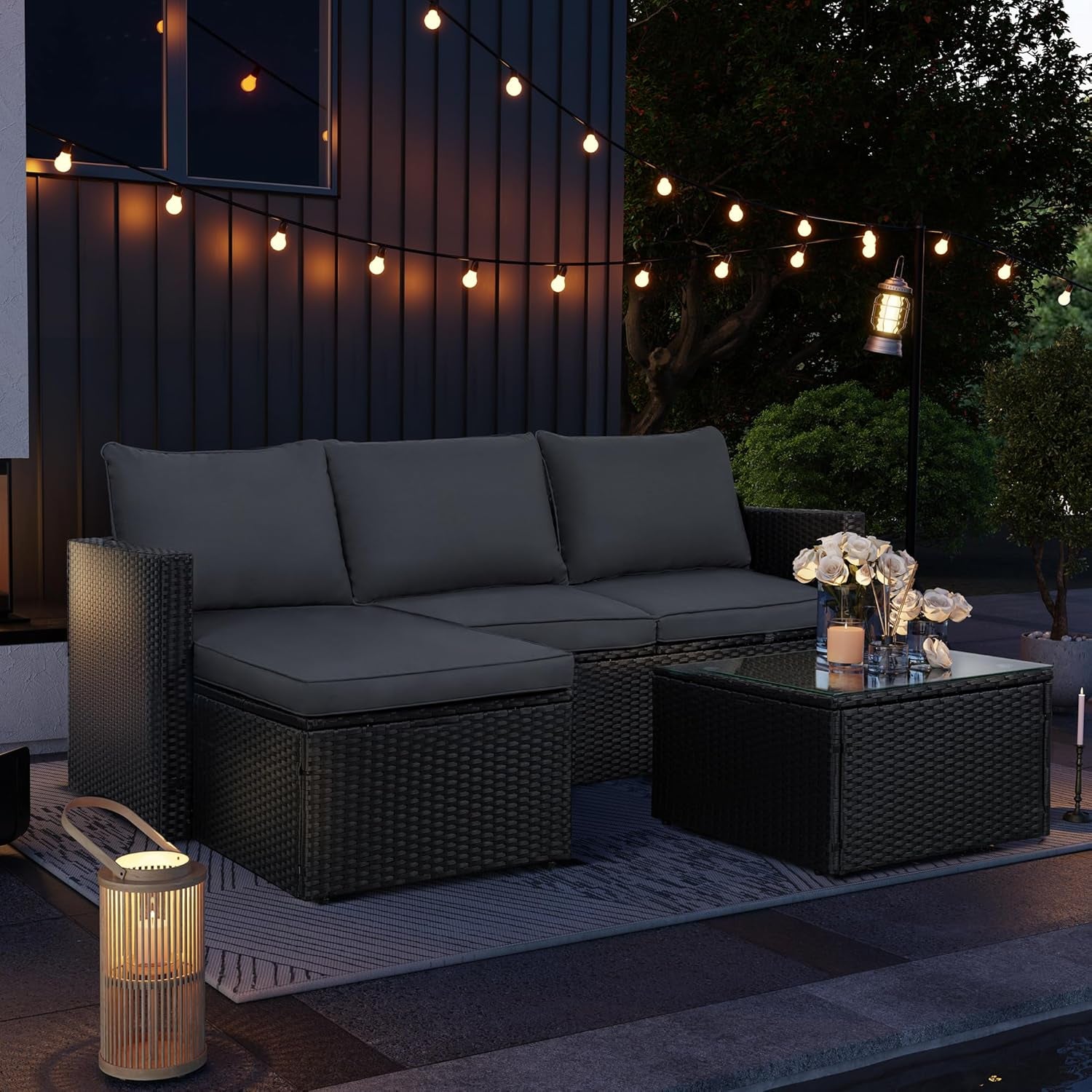 3-Piece Patio Sectional Sofa, Patio Furniture Set with Detachable Soft Cushions, Outdoor PE Rattan Patio Conversation Sofa Set with Glass Coffee Table & Ottoman, Black Rattan/Grey