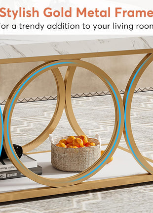 46.45” Contemporary Rectangle Coffee Table with Faux Marble Surface and Geometric Legs, Two-Tier Design Featuring Storage Shelf (White & Gold)