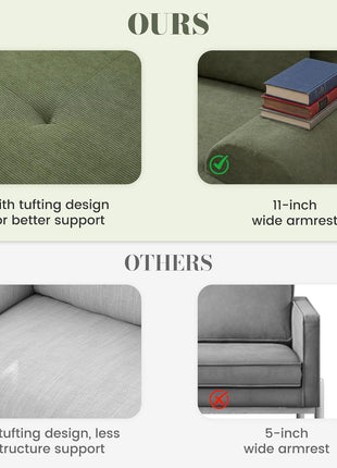 108-Inch Modular Tufted Sectional Sofa, Oversized L-Shaped Deep Seat Couch with Ottoman and Three Throw Pillows, Corduroy Upholstered Cloud Couch in Green