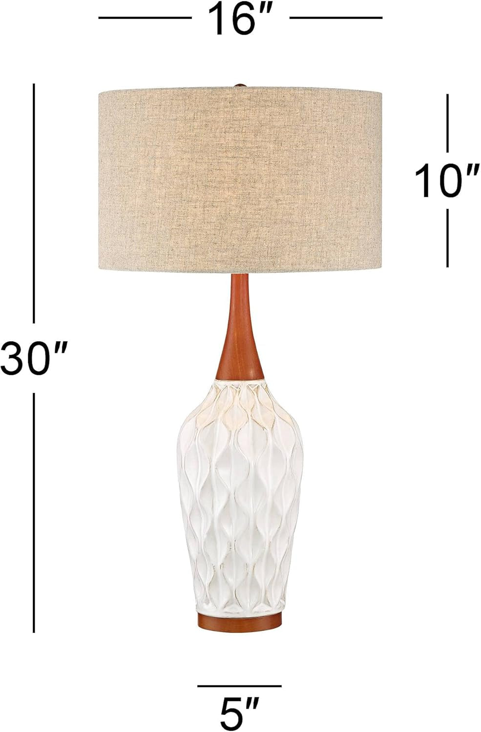 Rocco Mid Century Modern Table Lamp 30" Tall White Wave Geometric Ceramic Oak Wooden Neck Tan Fabric Drum Shade for Living Room Bedroom House Bedside Nightstand Home Office