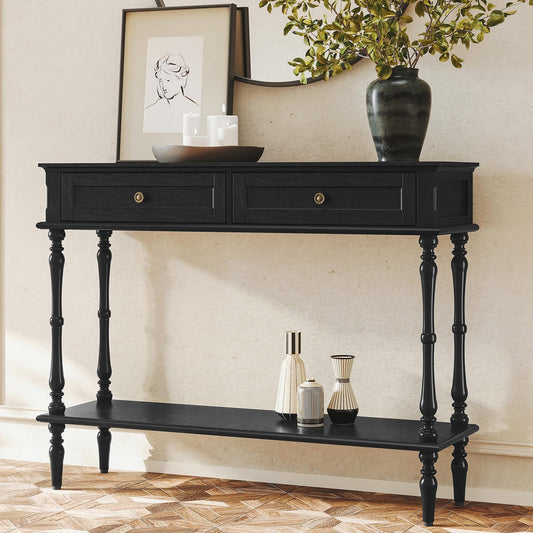 Console Table for Entryway with 2 Drawers-Minimal Assembly,Black Retro Entryway Table with Storage Cabinets and Open Shelf,Narrow Long Couch Table behind Sofa for Living Room,Foyer,Hallway