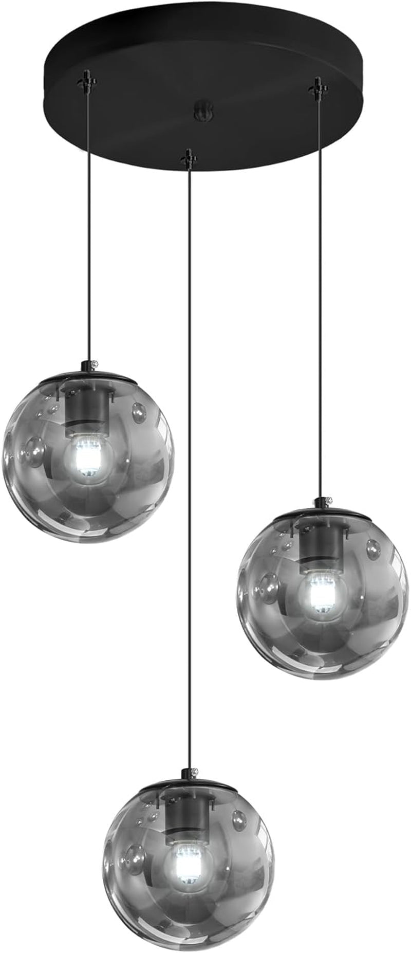 3-Light Black Pendant Light Fixtures Modern Smoke Gray Glass Globe Pendant Lights Kitchen Island Adjustable Hanging Lights Globe Stairwell Lighting Black Chandelier for Dining Room