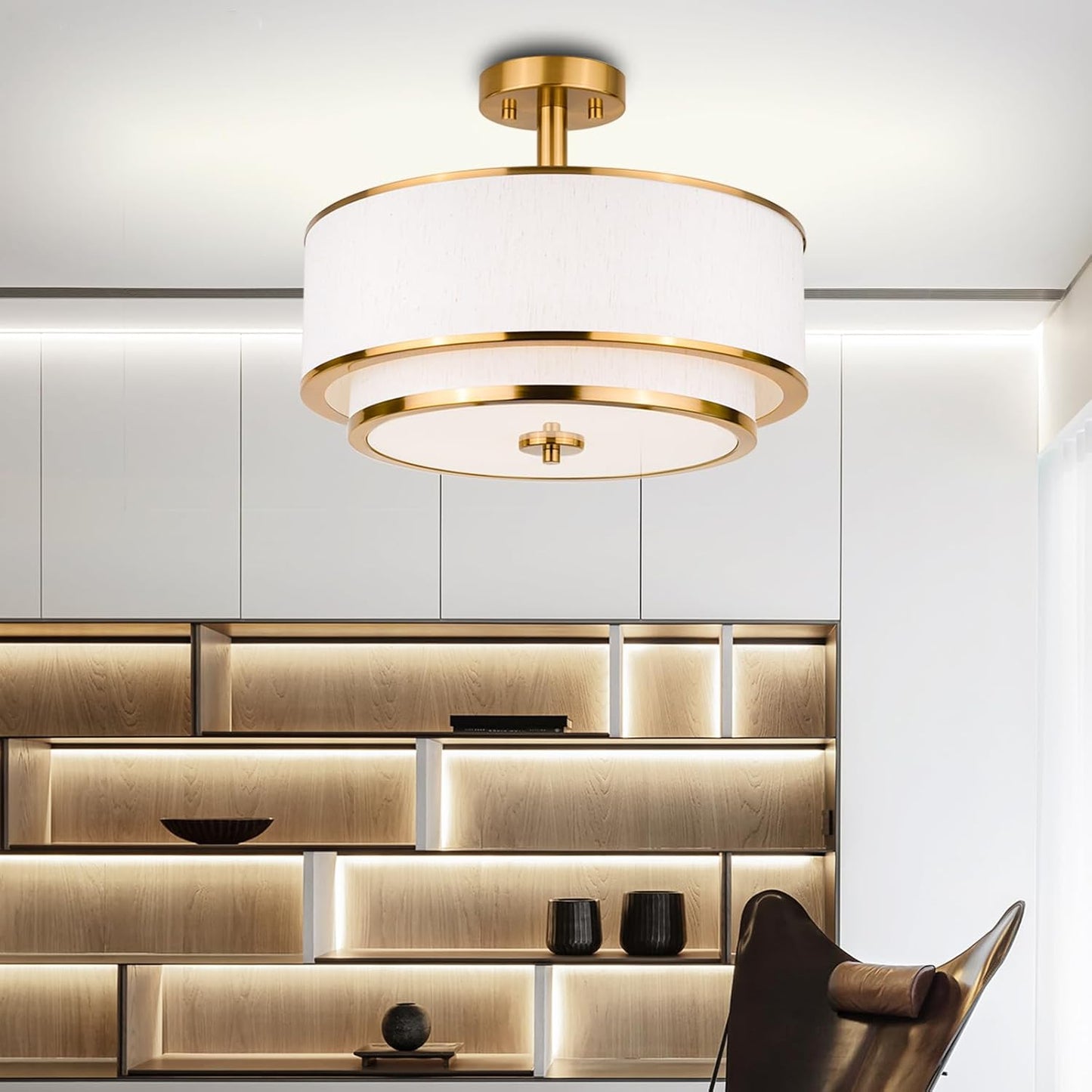 3-Light Semi Flush Mount Ceiling Light, 16" Drum Light with White Fabric Shade, Modern Close to Ceiling Lamp for Living Room Bedroom Dining Kitchen Hallway Entry (Brushed Gold)