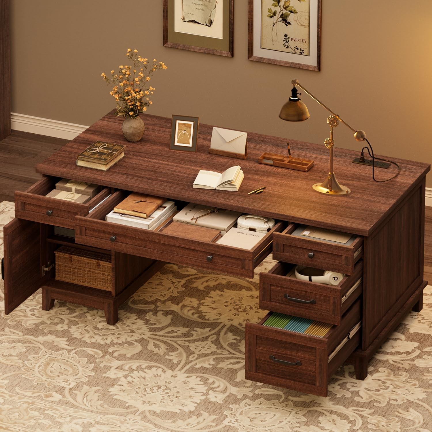 Executive Desk with File Drawers, Farmhouse Home Office Desk with Charging Station, 60 in Wooden Computer Desk with Cabinet Storage for Work Study Writing, Walunt Brown