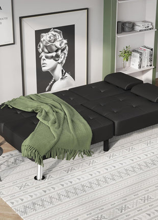Modern Convertible Futon Sofa Bed with Recliner Lounge and Removable Armrests, Black PU Leather, Featuring Dual Cup Holders