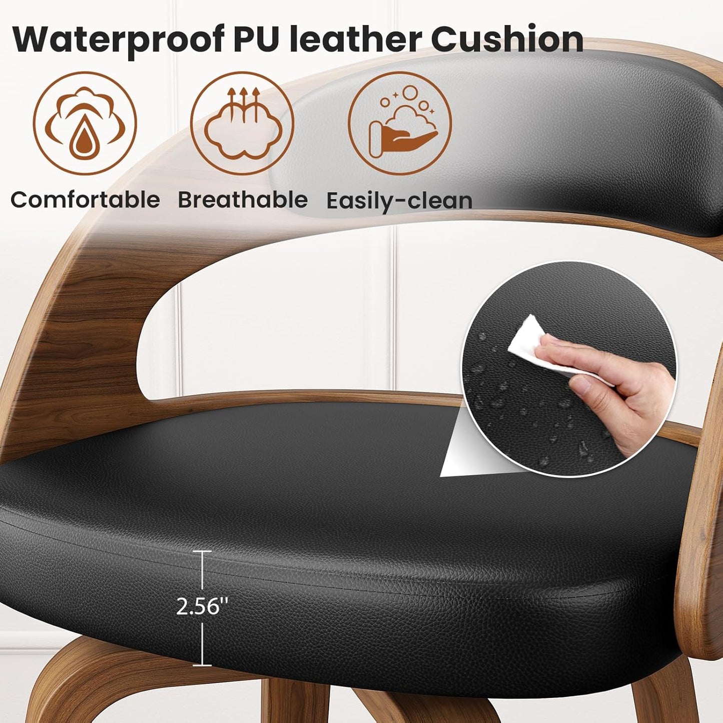 Swivel Bar Stools Set of 3, 26" Counter Height Bentwood Barstool, Mid-Century Modern PU Leather Upholstered Bar Chair with Back and Footrest, for Kitchen Island, Bar, Cafe, Dining Room, Black