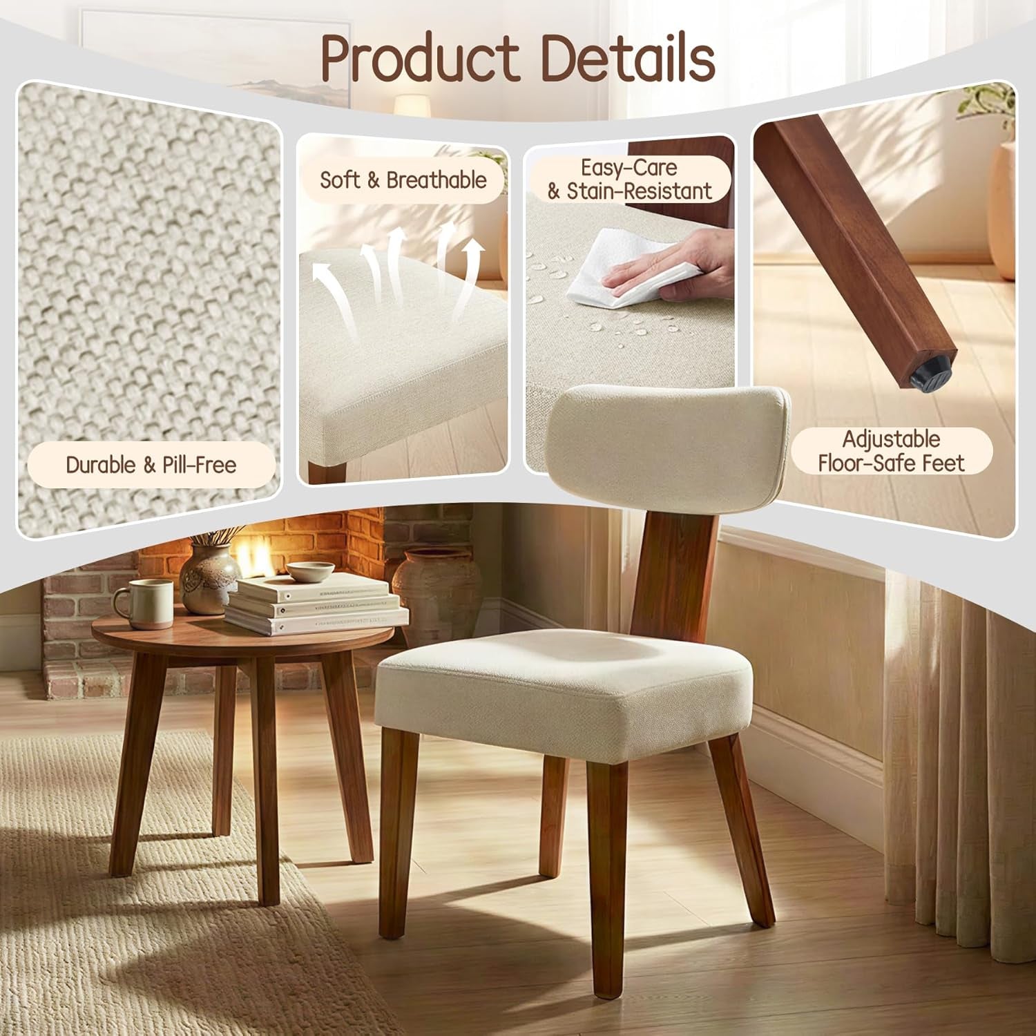 Dining Chairs Set of 4, Mid-Century Modern Upholstered Kitchen Chairs with Curved Backrest and Linen Fabric Seat, Wood Leg Accent Chairs for Dining Room, Living Room, Bedroom, Linen Beige