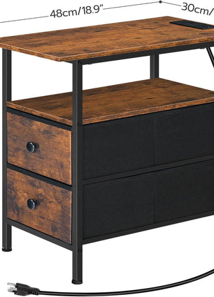 Slim End Table with Integrated Charging Station and Dual Non-Woven Drawers, Space-Saving Design in Rustic Brown and Black Finish, Ideal for Living Room and Bedroom Use