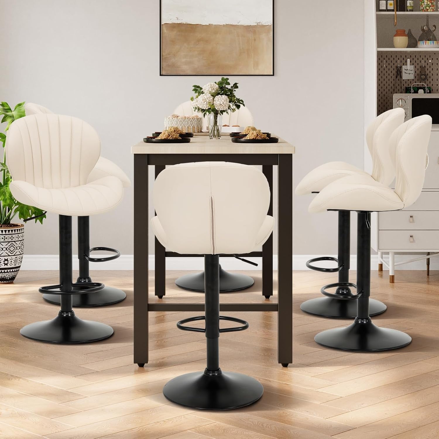 Bar Stools Set of 4, Modern Swivel Bar Chairs, Adjustable Faux Leather Upholstered Barstools Counter Height with High Backrest for Bar, Kitchen Island, Dining Room, Beige