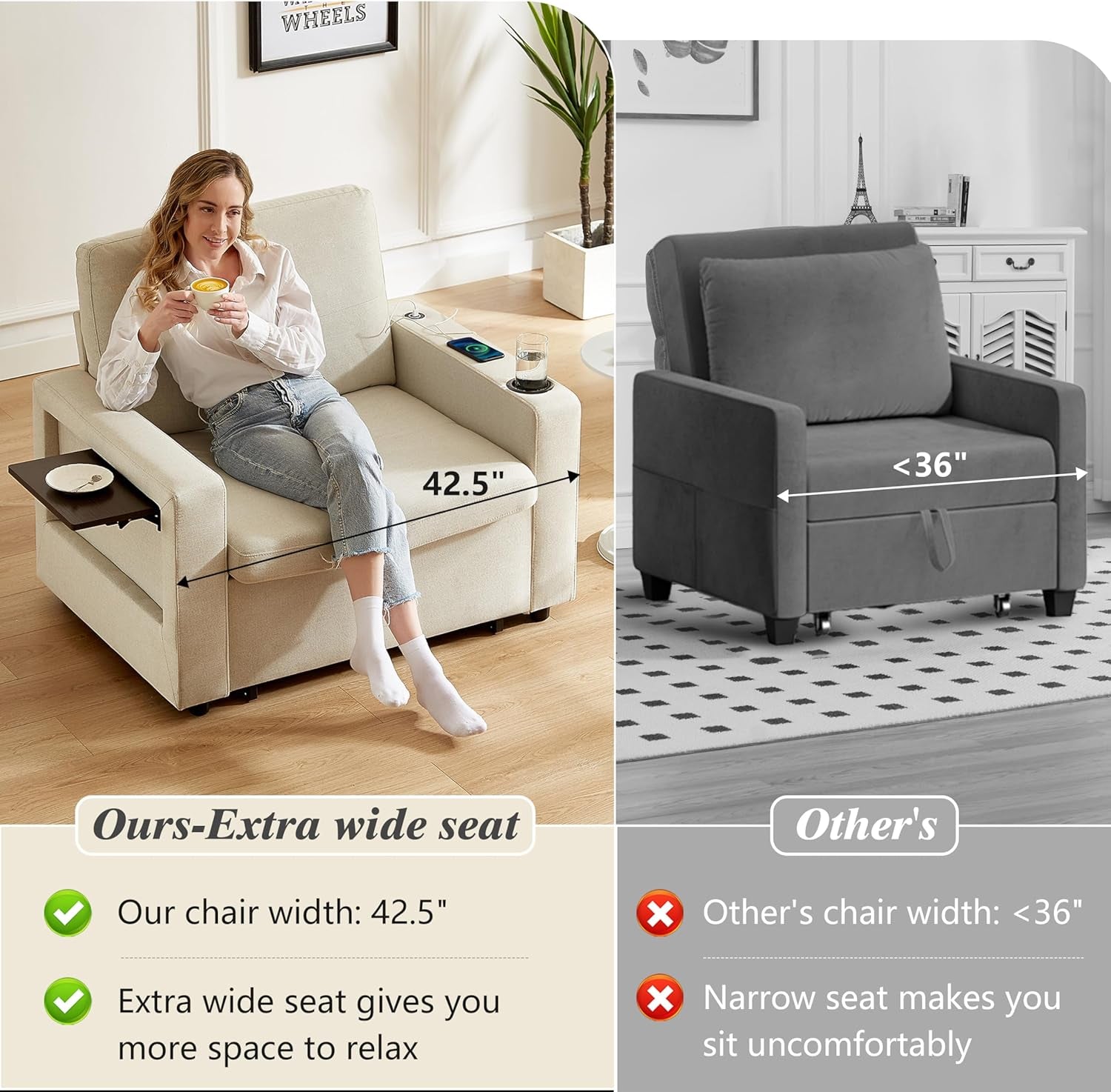 42.5" Sleeper Chair Bed, 3-In-1 Oversized Convertible Sleeper Sofa Chair with Pull Out Bed, Reclining Adjustable Backrest/Usb Ports/Table/Cup Holder, Tool-Free Assembly, Premium Beige