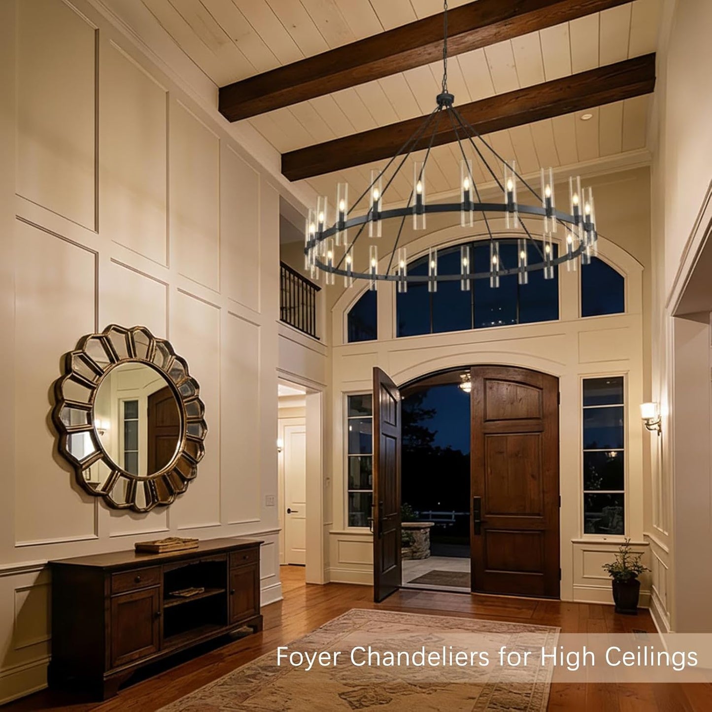 Black Wagon Wheel Chandelier 70 Inch, Large Chandeliers for High Ceilings, 24-Light Chandelier with Glass Shade, Modern Farmhouse Chandeliers for Living Room, Dining Room and Foyer(24 Bulbs Included)