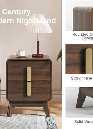 Mid-Century Modern Bedroom Furniture Set - 6-Drawer Dresser and Nightstand Pair with Gold Handles, Walnut Finish