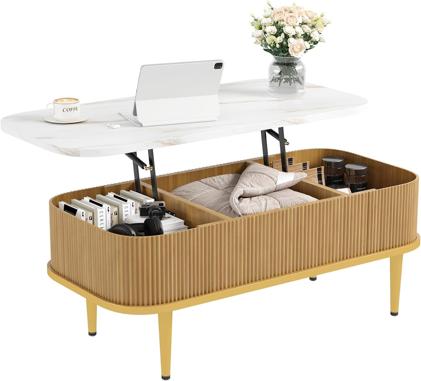 Lift Top Coffee Table for Living Room, Modern Oak Fluted Coffee Table with Hidden Storage, Rectangle Center Table with Faux Marble Flip-Top, Small Dining Table for Home, Office, Natural