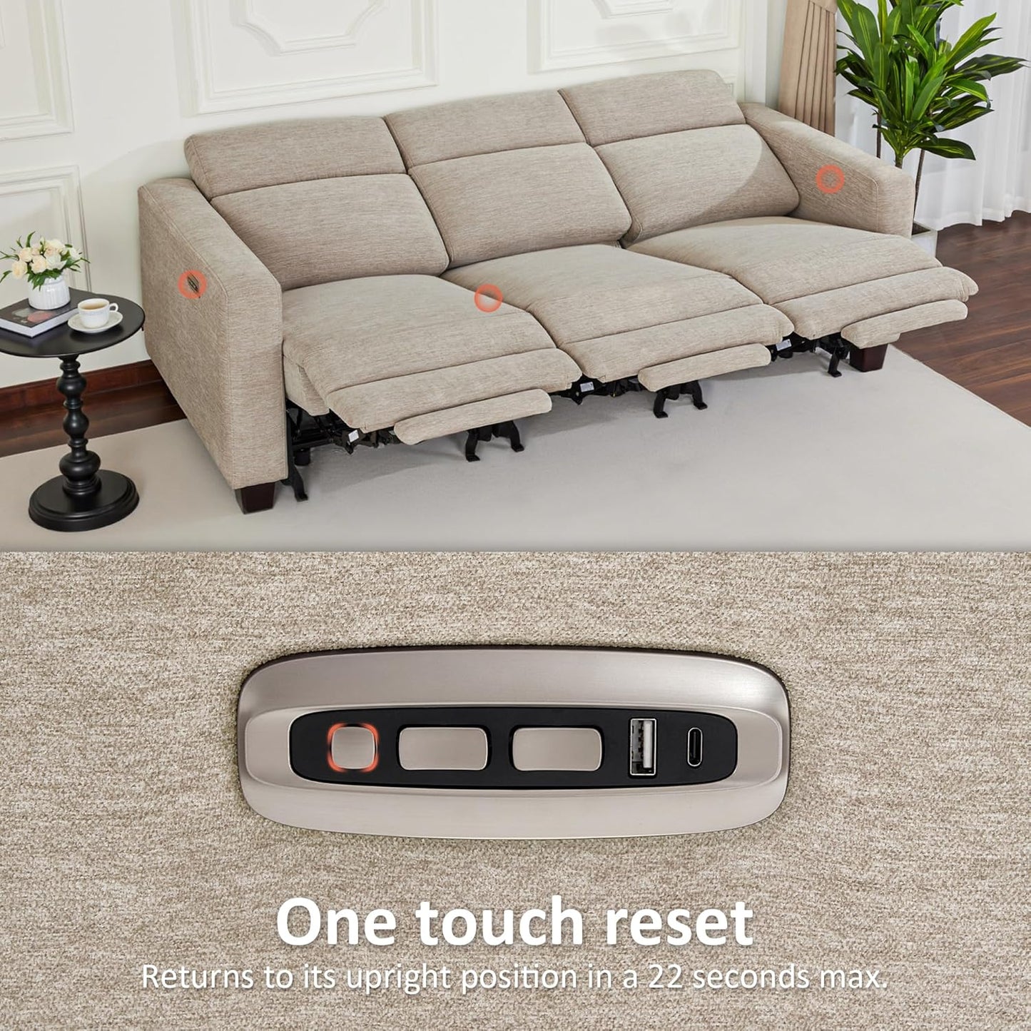 88.6'' Reclining Sofa, Wall Hugger Power Recliner Sofa with Adjustable Headrest, USB a & C Charge Ports, Wood Legs, for Living Room (Fabric, HL198M3) (Beige, 3-Seater)