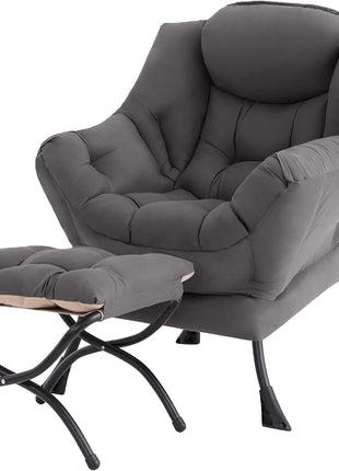 Contemporary Lounge Chair with Ottoman - Spacious Accent Chair for Leisure, Reading, and Relaxation in Dark Grey for Bedroom, Living Room, Dormitory, and Outdoor Spaces