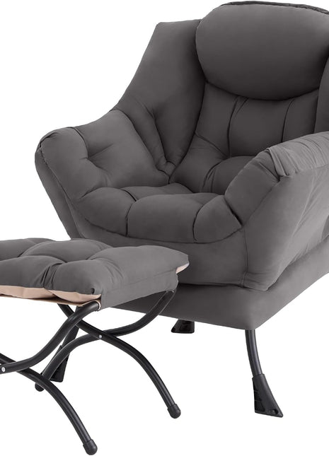 Contemporary Lounge Chair with Ottoman - Spacious Accent Chair for Leisure, Reading, and Relaxation in Dark Grey for Bedroom, Living Room, Dormitory, and Outdoor Spaces