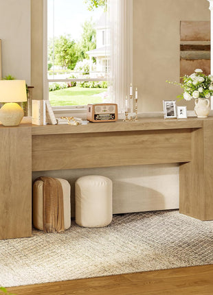 70.9-Inch Extra Long Console Table with Dual Storage Cabinets, Wooden Sofa Table for Behind Couch, Elegant Entryway Table with Double Base for Living Room, Hallway, and Foyer in Natural Oak Finish