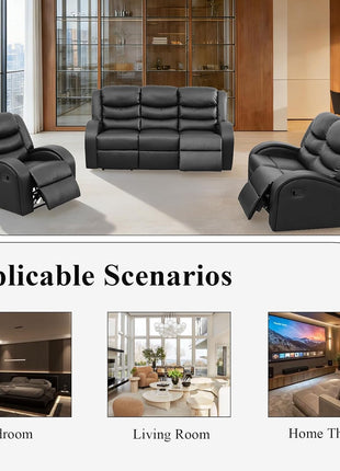3-Piece Leather Sectional Recliner Sofa Set for Living Room and Office in Deep Black