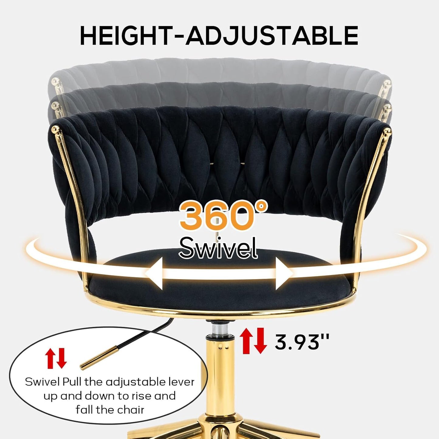 Velvet Office Desk Chair with Hand Woven Backrest, 360° Swivel & Height Adjustable Task Chairs, Makeup Chair, Living Room Chairs with Stainless Base and 5 Wheels (Black)