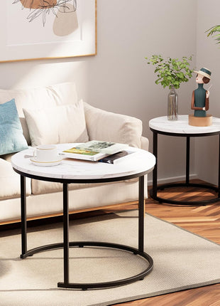 Set of 2 Round Nesting Coffee Tables Featuring White Faux Marble Tops and Black Steel Frames for Living Room, Bedroom, and Balcony Use