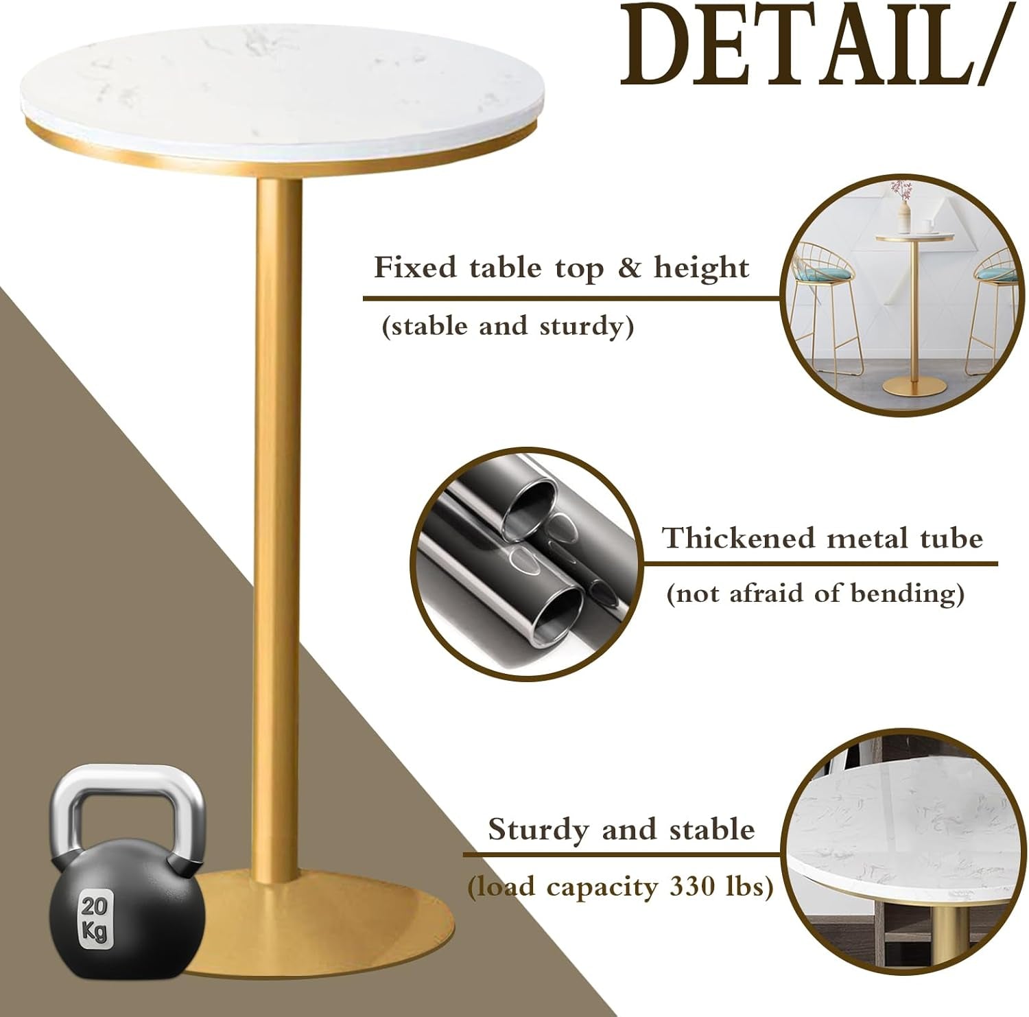 Gold High Top Marble Pub Table - 22" W, Modern Style Cocktail Table for Parties, Living Room, Kitchen, Dining Room (High: 105Cm/41Inch)
