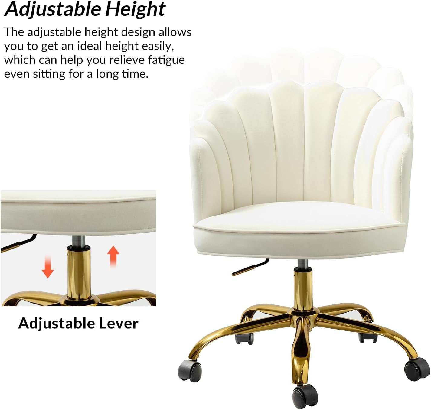 Velvet Home Office Desk Chair with Gold Base, Adjustable Swivel Task Chair for Vanity, Women'S Modern Cute Shell Back Upholstered Design, for Living Room, Ivory