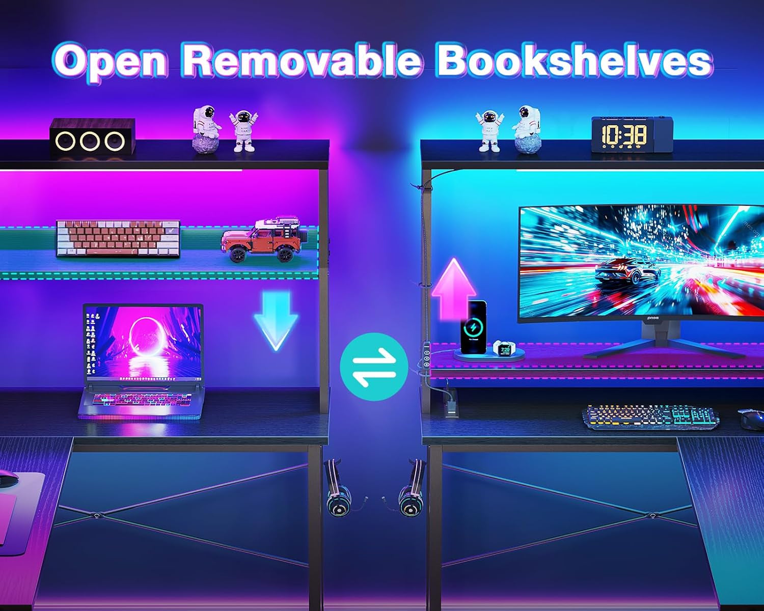 L Shaped Desk Gaming Desk with LED Light & Power Outlet, 53 Inch Reversible L Shaped Computer Table with Shelf & Storage Bag & Hook for Home Office, Black