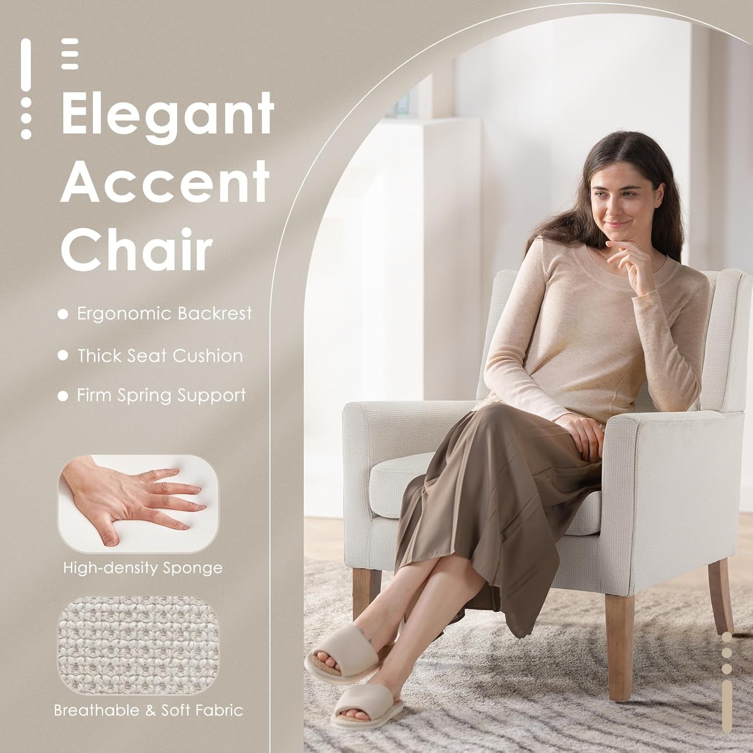 Modern Wingback Living Room Chair, Upholstered Fabric Accent Armchair, Single Sofa Chair with Lounge Seat and Wood Legs for Office/Bedroom/Reading Spaces, Beige