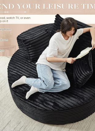 Oversized Round Chaise Lounge Chair - Modern 55-Inch Upholstered Corduroy Deep Seat Circular Sofa for Living Room and Bedroom in Black