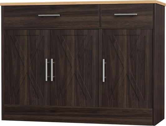 Modern Farmhouse Sideboard Buffet Cabinet,Barn Doors Buffet Cabinet with 2 Drawers & 3 Doors,Wood Coffee Bar Cabinet with Adjustable Shelf for Kitchen Living Room,Brown