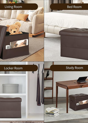 Foldable Leather Storage Ottoman with Padded Seat - Multi-functional Foot Rest and Storage Bench for Living Room and Bedroom, Supports Up to 350 lbs, Dimensions: 17x13x13 inches, Brown