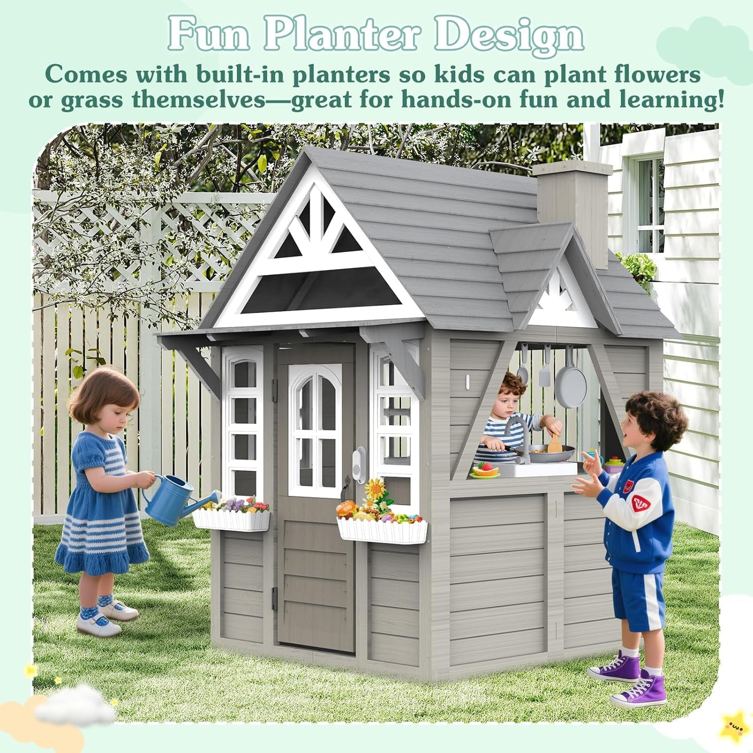 Kids Outdoor Cedar Playhouse, Weather-Resistant Gray Wooden Play House for Ages 3–8 with Play Kitchen, Working Doorbell, Toy Phone & Flowerpots — Durable Backyard Gift for Creative & Social Play