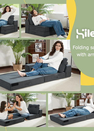 Convertible 4-in-1 Folding Sofa Bed with Memory Foam Mattress and Support Pillow - Modern Futon Chair for Living Room, Apartment, and Guest Use in Black Grey