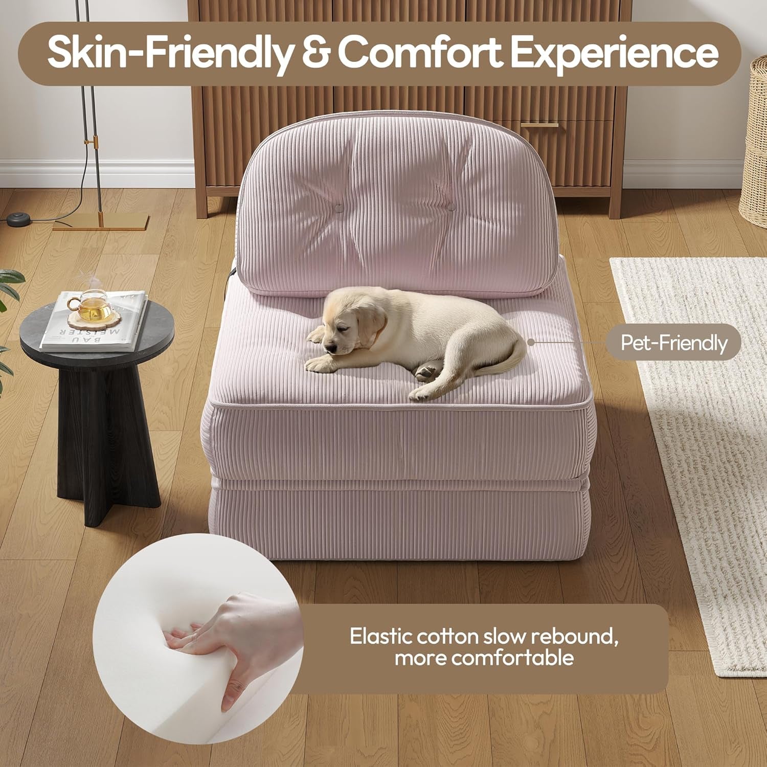 Folding Sofa Bed with Pillow, Convertible Comfy Couch Bed for Adults Home Lounge and Gaming, Modern Comfortable Design for Apartment Living Room Bedroom, Single, Ribbed Velvet, Mauve