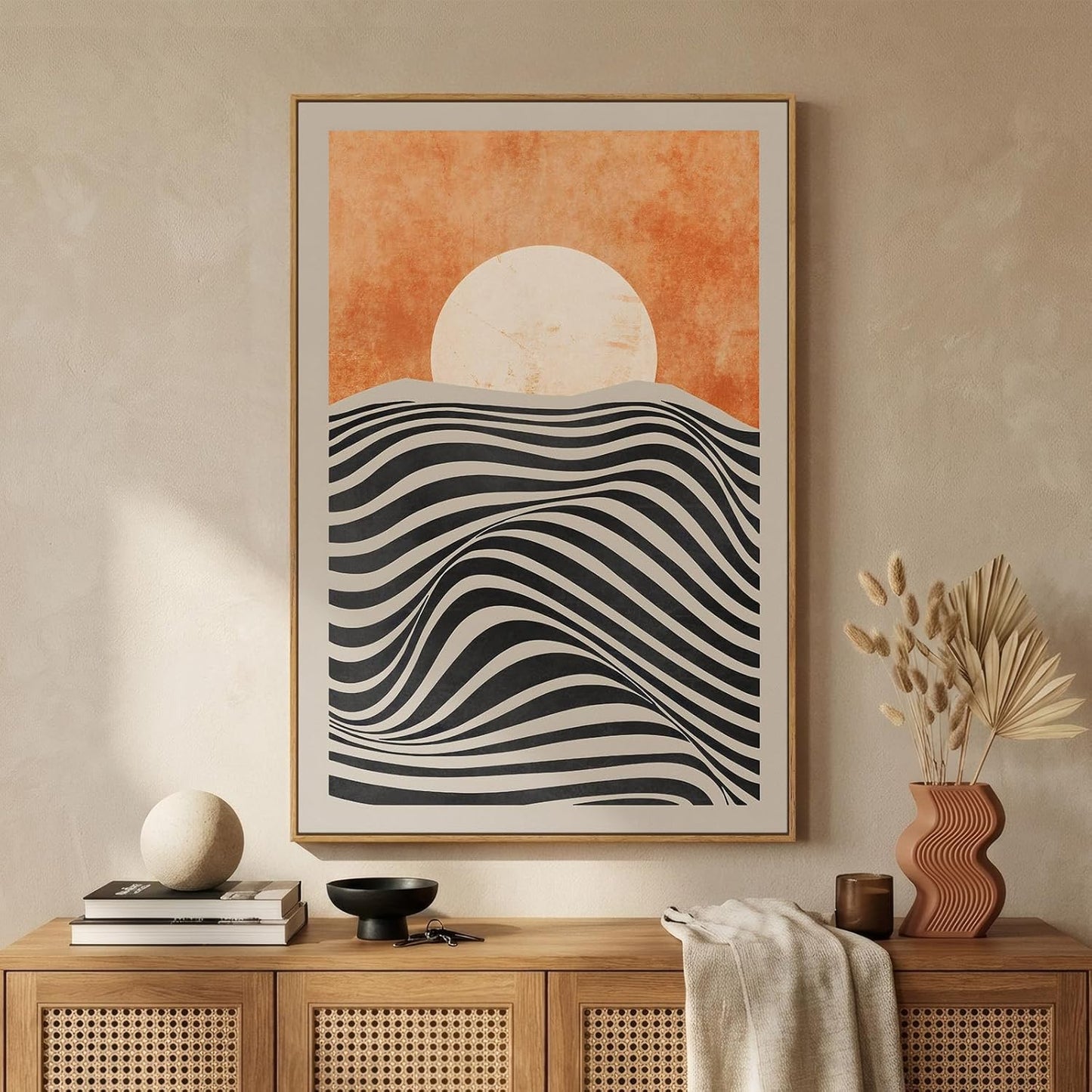Framed Boho Abstract Sun Wall Art for Living Room, Orange Sunset Vertical Mid Century Modern Canvas Artwork for Walls, Bohemian Stripes Painting Print Wall Decor for Bedroom Home Office, 24X36 Inch