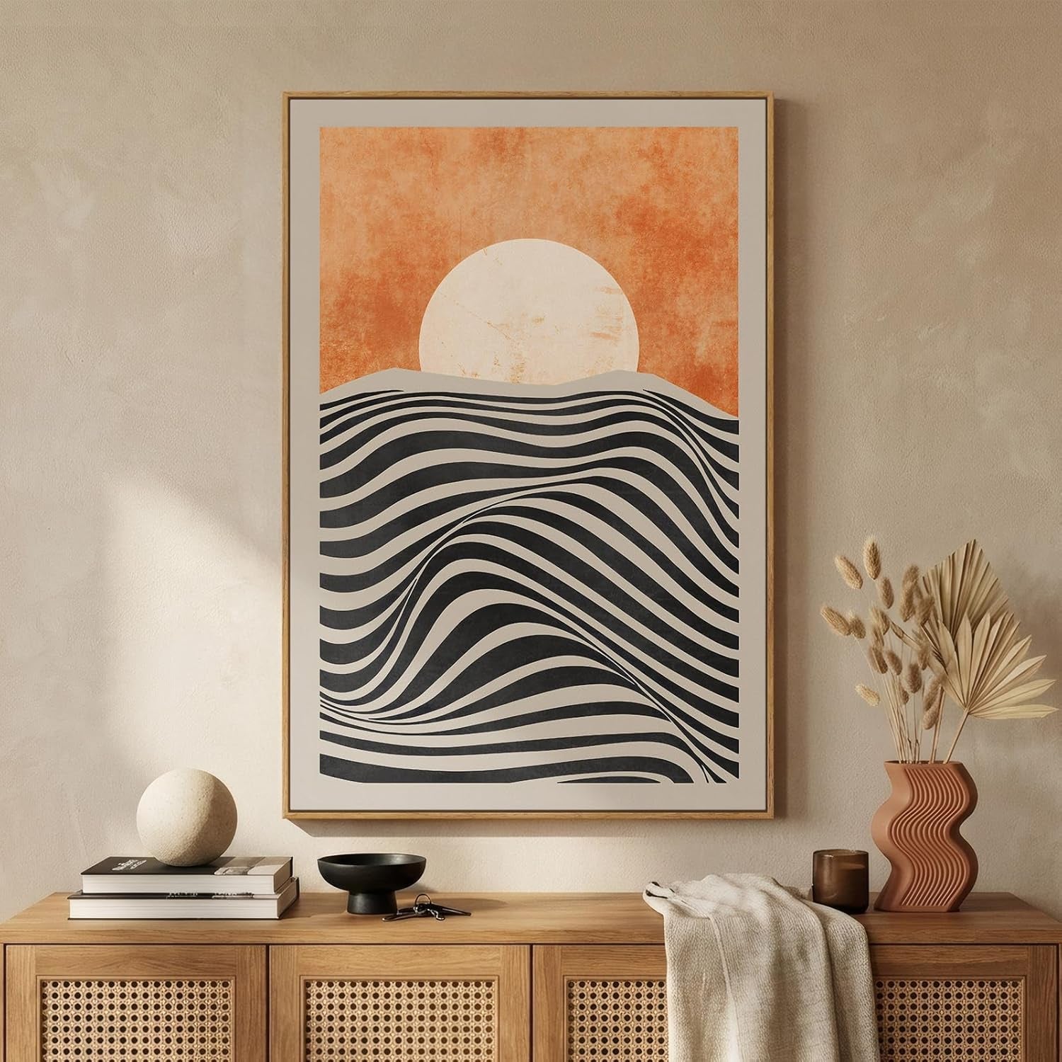 Framed Boho Abstract Sun Wall Art for Living Room, Orange Sunset Vertical Mid Century Modern Canvas Artwork for Walls, Bohemian Stripes Painting Print Wall Decor for Bedroom Home Office, 24X36 Inch
