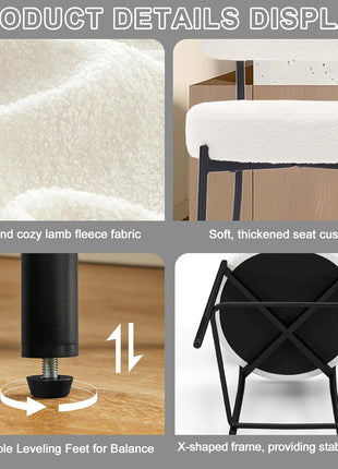 Set of 2 Contemporary 27" White Boucle Counter Height Bar Stools with Backrest and Metal Legs for Kitchen Island and Dining Area