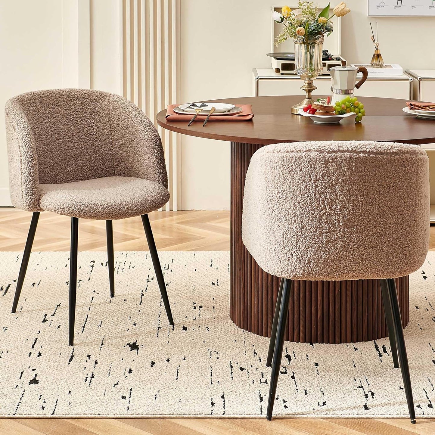 5 Piece 47-Inch round Dining Table Set for 4, Rustic Walnut Dinner Table with Upholstered Dining Room Chairs Brown, Engineered Wood Kitchen Table with Wood Strips Base