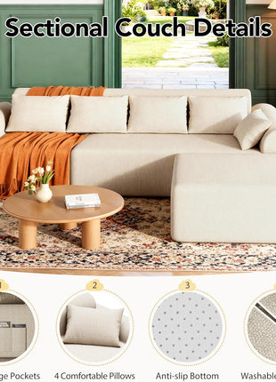 105.5" Cloud Boneless L-Shaped Sectional Sofa for Living Room, 4-Seater with Ottoman and 4 Pillows, Deep Seat Chenille Upholstery, No Assembly Required (Beige)