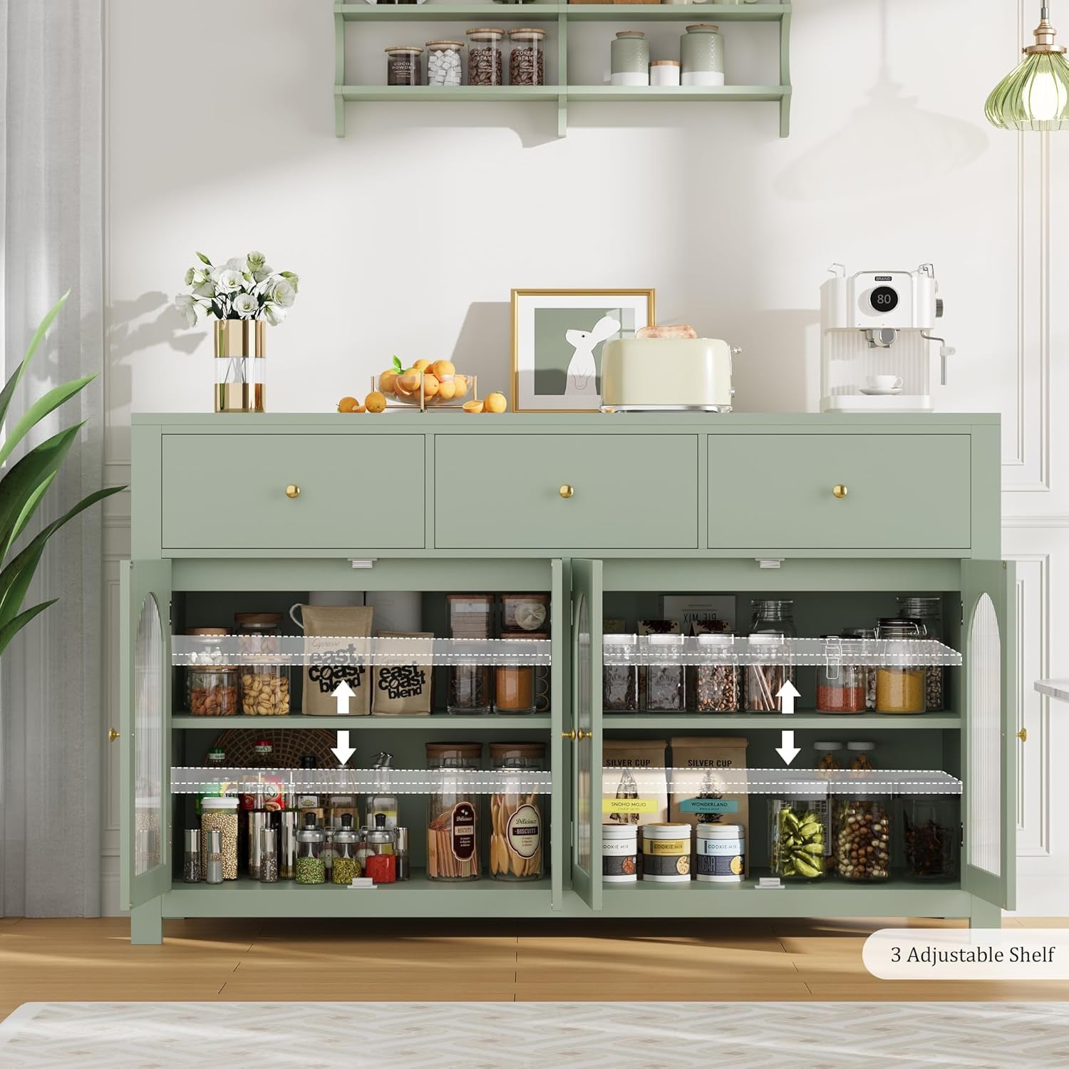 Buffet Cabinet with Storage, 55.1" Large Sideboard Buffet, Farmhouse Kitchen Cabinet with 3 Drawers and 4 Doors, Wood Coffee Bar Table for Kitchen, Green