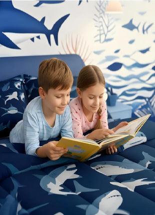 Boys Shark Ocean Sealife Bedding Set - Comforter and Duvet Insert for Kids and Teens, Nautical Marine Life Quilt, Queen Size Navy Blue Bedroom Decor