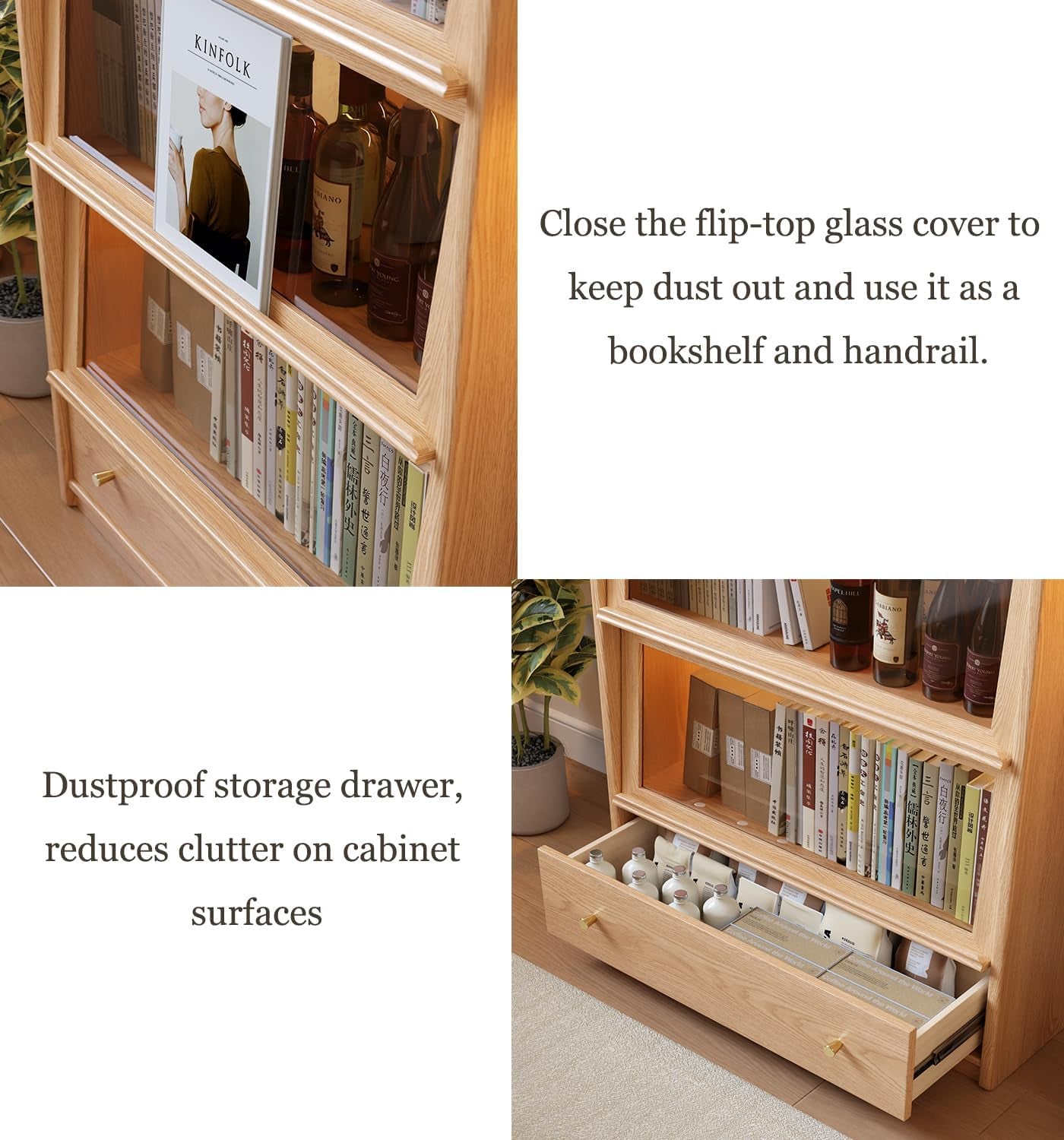 73" H Tall Solid Wood Bookcase with Flip-Up Tempered Glass Doors and 3 Color Led Lights,4 -Tier Wooden Bookshelf with 1 Drawer,Display Cabinet Kitchen Pantry for Living Room,Office