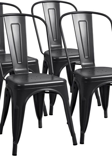 Stackable Metal Dining Chairs for Indoor and Outdoor Use - Set of 4 Classic Trattoria Bistro Cafe Chairs in Black