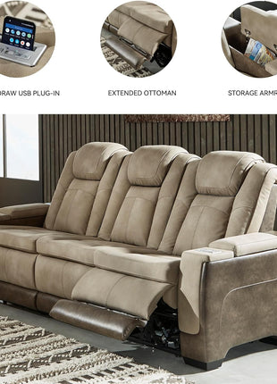 Signature Design by Ashley Next-Gen Durapella Power Reclining Sofa with Wireless & USB Charging, Zero-Gravity Feature, Adjustable Headrest, Water-Repellent Faux Leather, Drop-Down Table in Beige/Brown, 86 Inches